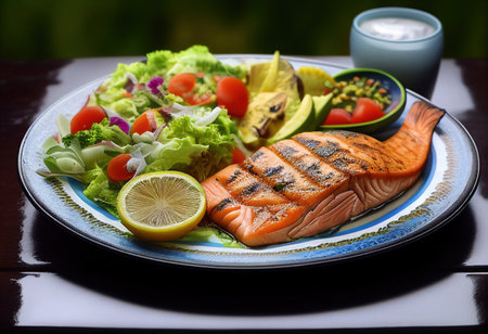 Grilled salmon steak with fresh vegetable salad and tartar sauce on a wooden tableの素材