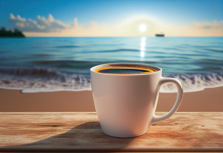 Coffee cup on wooden table with sunrise and sea background.の素材