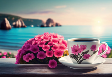 Cup of coffee with flowers on the background of the sea.の素材