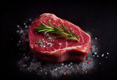 Raw beef steak with rosemary and salt on black background.の素材