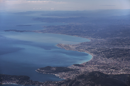 Aerial view on french riviera city of Nice and the airportの写真素材