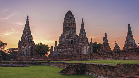 sunset on the temple Wat Chaiwatthanaram Ayutthayaの写真素材