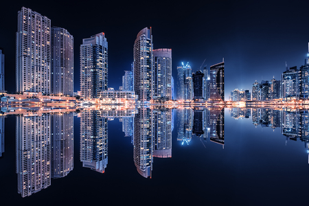 Dubai marina reflection by nightの写真素材