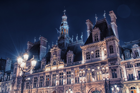 Facade of the main city hall in Paris by nightのeditorial素材