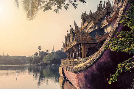 Karaweik on the Kandawgyi lake in Yangon, Myanmarの写真素材