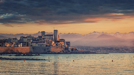 Town of Antibes at sunrise on the French Rivieraの写真素材