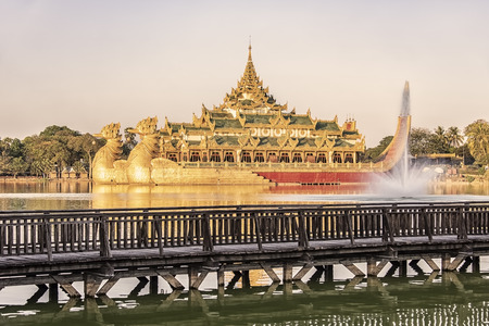Kandawgyi lake in Yangon city with the famous Karaweik palace