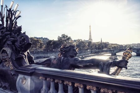 Eiffel tower viewed from Alexandre III bridge in Parisの写真素材