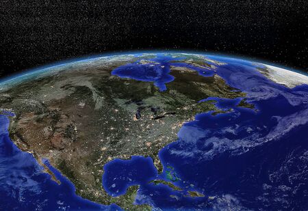 North America viewed from space by nightの写真素材