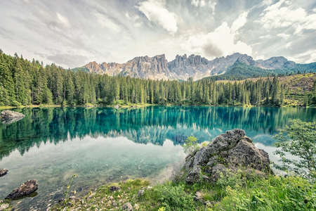 Carezza lake in the Italian Dolomitesの写真素材