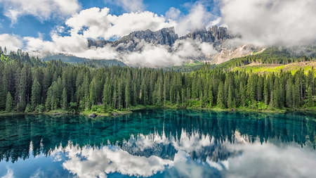 Carezza lake in the Italian Dolomitesの写真素材
