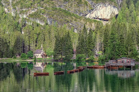 Lago di Braies - Pragser Wildsee, South Tyrol, Italyの写真素材