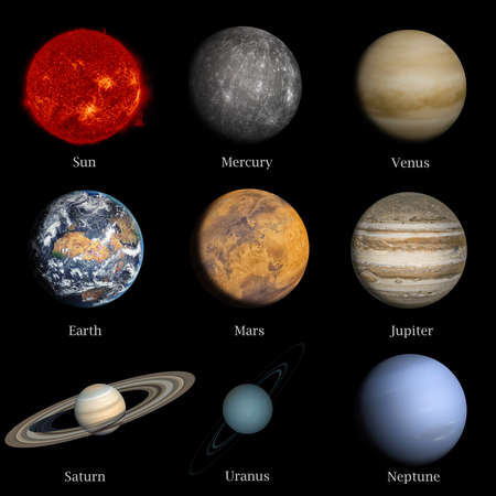 Solar System named in english. 8 planets and the sun. 3d renderingの写真素材