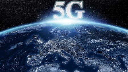 5G global network connection. World map concept. Dark blue backgroundの写真素材