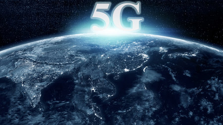 5G global network connection. World map concept. Dark blue backgroundの写真素材