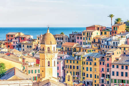 Vernazza village in Cinque Terre national park at sunset, Italyの写真素材