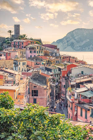 Vernazza village in Cinque Terre national park at sunset, Italyの写真素材