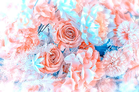 Floral texture background.- Roses, peonies and hydrangeas, artificial flowers.の写真素材