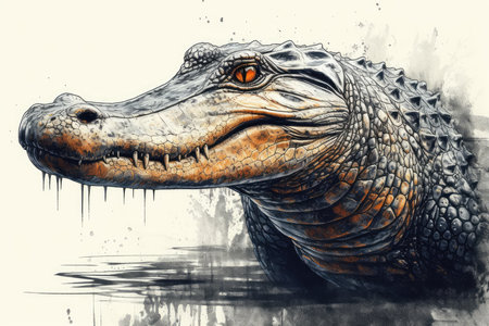 Crocodile head on watercolor background. Digital painting.の素材