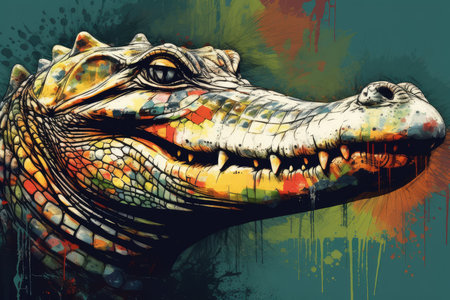 Crocodile head on colorful grunge background. Digital illustrationの素材