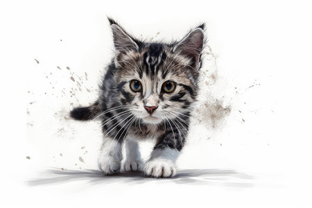 Cute black tabby maine coon kitten playing with dust on white backgroundの素材