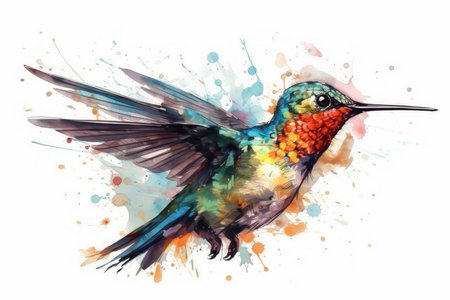 Hummingbird watercolor painting. Hand drawn vector illustration isolated on white backgroundの素材