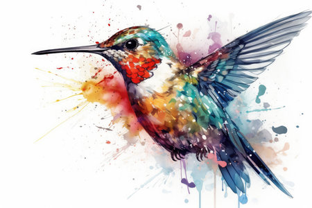 Watercolor painting of Hummingbird on watercolor splash background.の素材