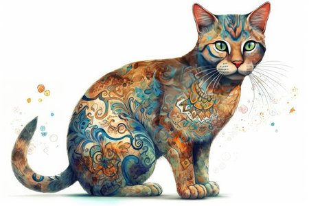 Illustration of a cat with colorful pattern on the body and faceの素材