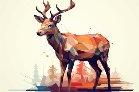 Polygonal deer on the background of the city. Vector illustrationの素材