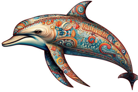 Dolphin with ornamental paisley ornaments on white backgroundの素材