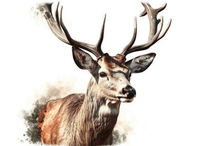Portrait of a red deer with big antlers on white backgroundの素材