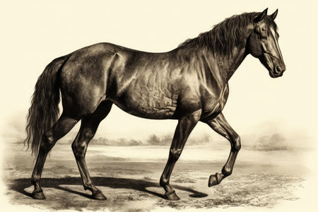 Horse in the field. Black and white. Illustration.の素材