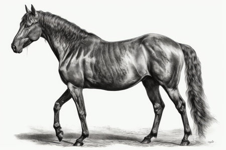 black and white engraving of a horse isolated on white backgroundの素材