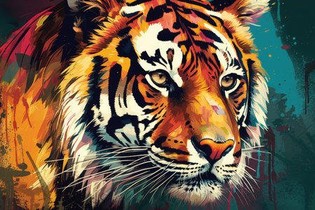 Tiger head on colorful grunge background. Colorful tiger portrait.の素材