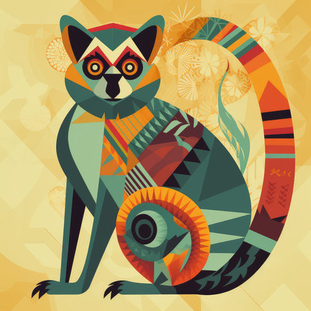 Vector illustration of a lemur with a gift in his hand.の素材