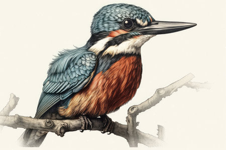 Digital painting of a Kingfisher bird sitting on a branch.の素材