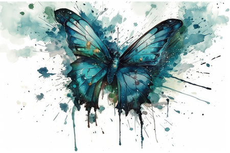 Watercolor painting of butterfly on grunge watercolor splash background.の素材