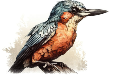 Digital color painting of a Kingfisher bird sitting on a branchの素材