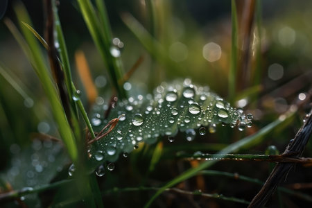 Drops of dew on the grass in the early morning.の素材