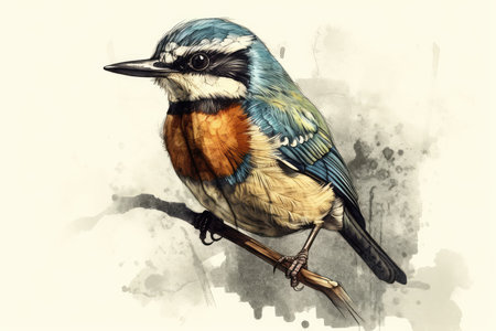 Digital painting of a blue-crested tit on a branchの素材