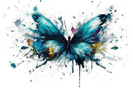 Watercolor splashes with butterfly, isolated on a white background.の素材