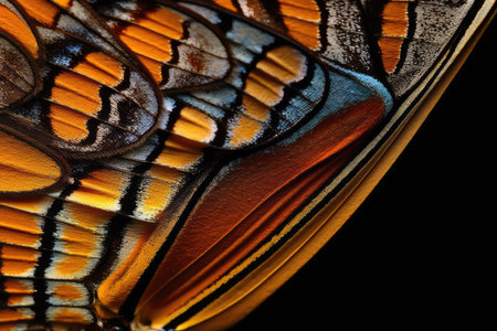 Butterfly wing detail close-up macro shot on black backgroundの素材