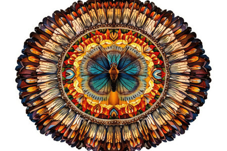 Butterfly and peacock feathers on a plate isolated on white backgroundの素材