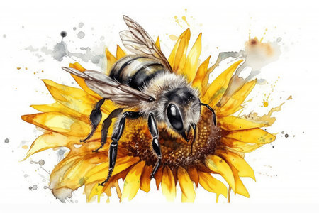 Bee on sunflower. Digital watercolor painting on white background.の素材