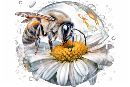 bee on daisy flower isolated on white background. 3d illustrationの素材