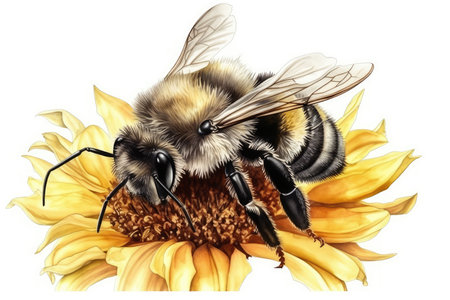 bee on a sunflower isolated on white background. High quality illustrationの素材