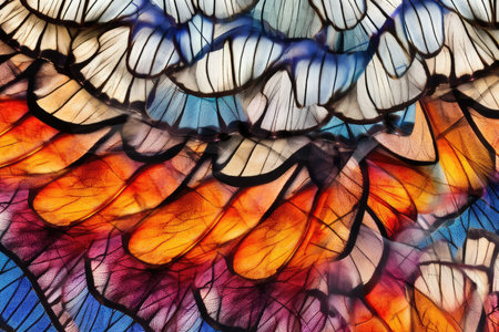Colorful butterfly wing texture background. Close up of butterfly wing texture.の素材
