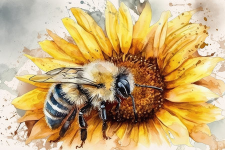 Bumblebee on sunflower. Watercolor hand drawn illustration.の素材