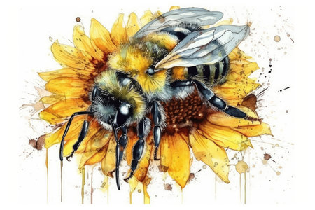 Bee on sunflower. Hand drawn watercolor illustration isolated on white backgroundの素材