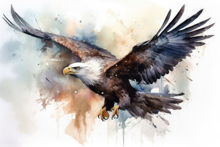 Watercolor painting of an american bald eagle flying in the skyの素材